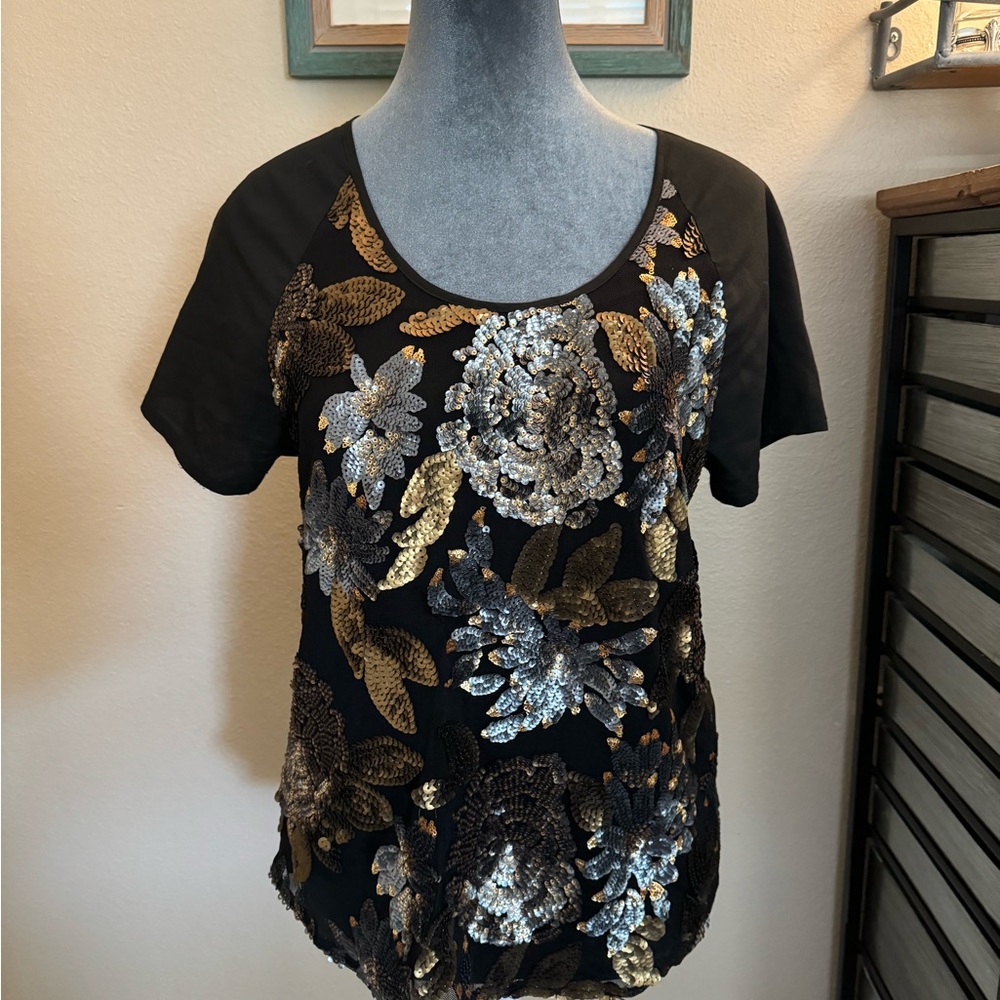 MM Couture Short Sleeve Scoop Neck Sequin Top (Fits like a Size Small)